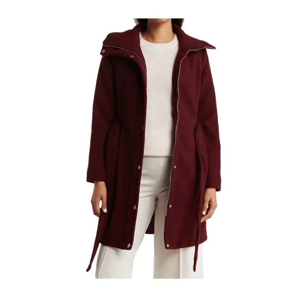 Michael Kors Womens Red Wine Full Zip Snap Belted Wool Blend Pea Coat Sz M New